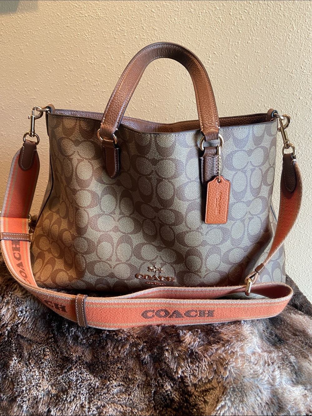 Coach Brown Signature Canvas Tote with Orange Accent Strap